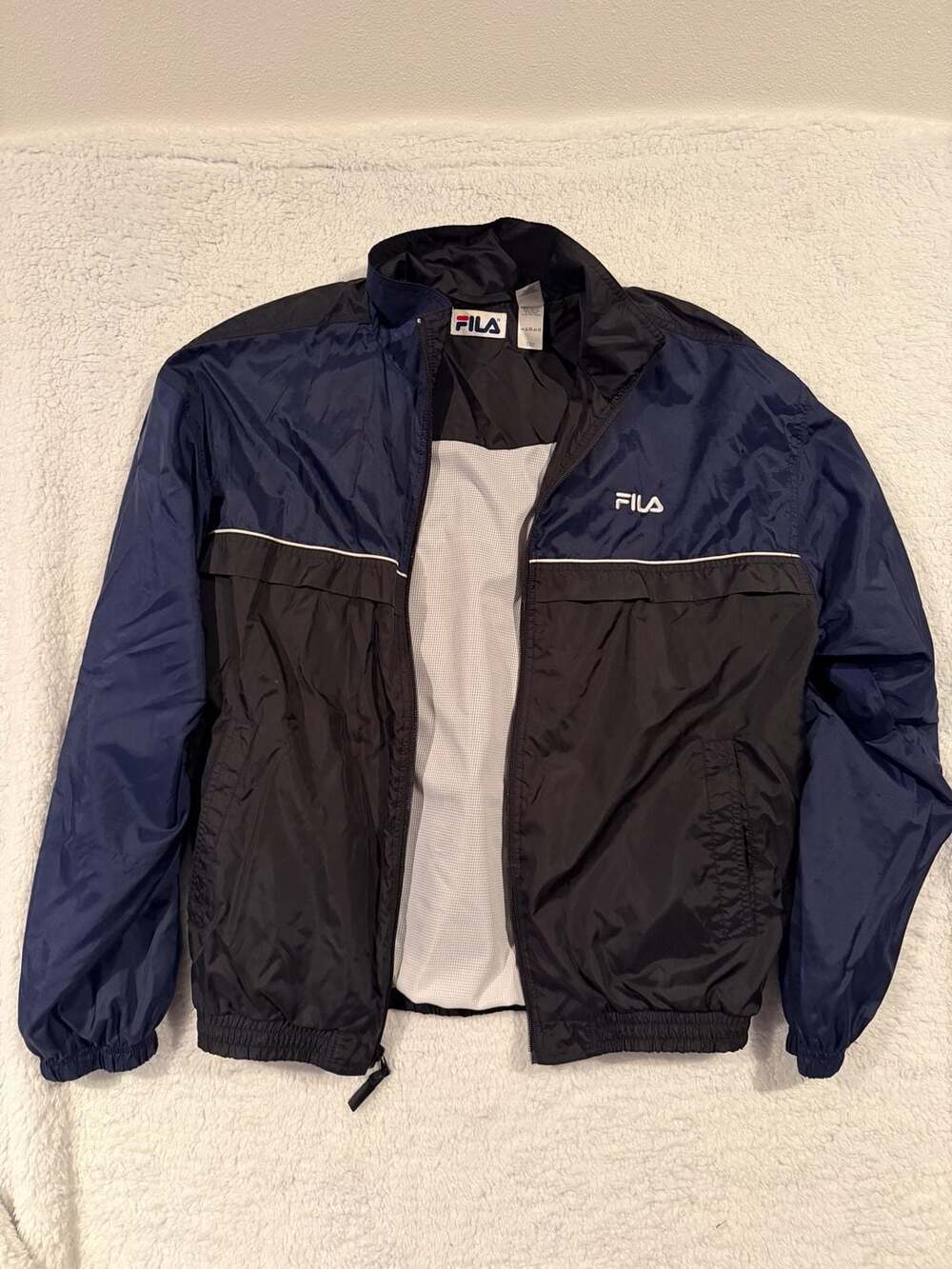 Fila Windbreaker Jacket Size Large Blue Black Full Zip Nylon